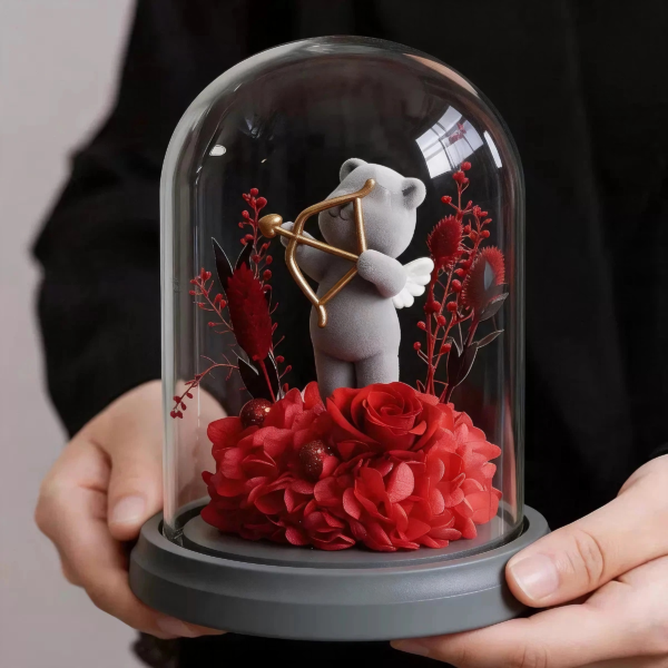 Eternal Rose Flocked Bear Glass Dome Ornament